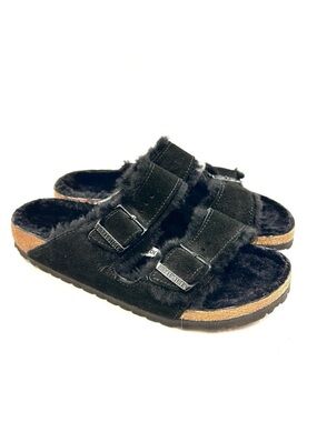 Birkenstock Arizona Sandals Shearling Black Suede Size 9 narrow EU 40